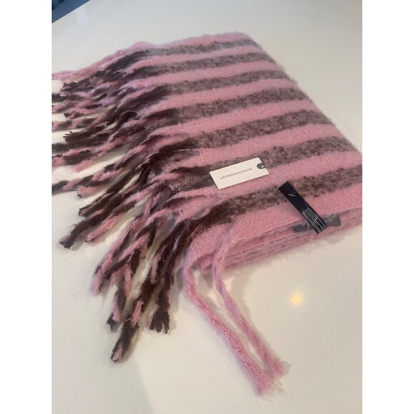 Anthropologie Pink & Brown Striped Fringe Scarf - Picture 7 of 8